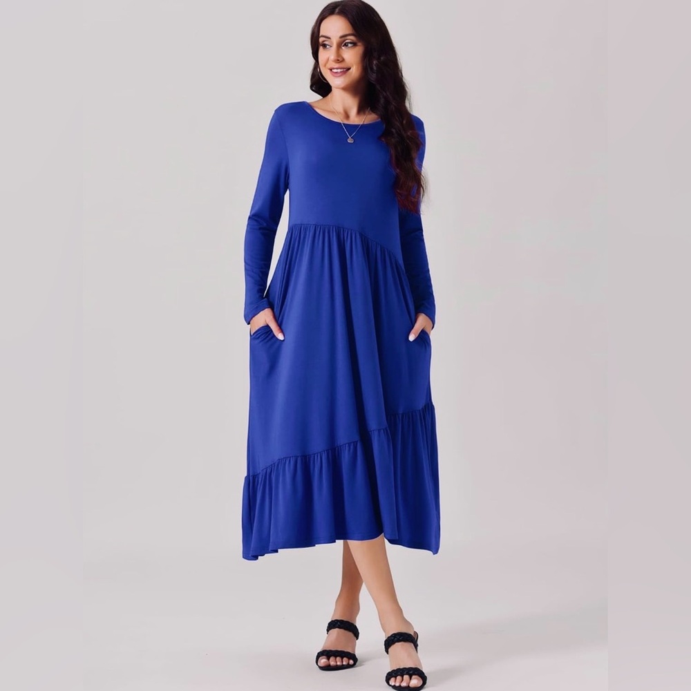 Blue Long Sleeve Tiered Midi Dress